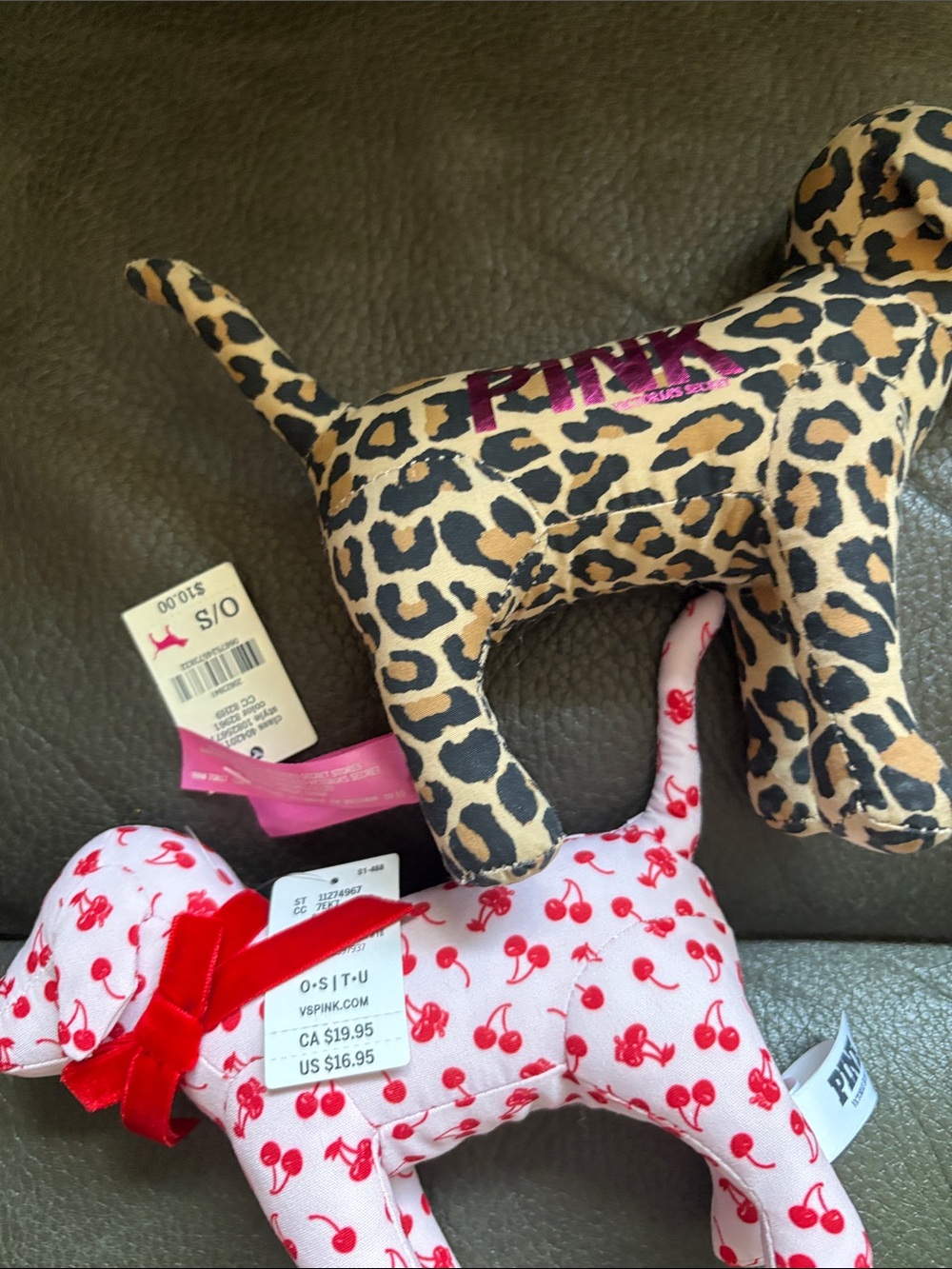 Victoria secret PINK set of two stuffed animal dogs in leopard and cherry - Picture 5 of 5